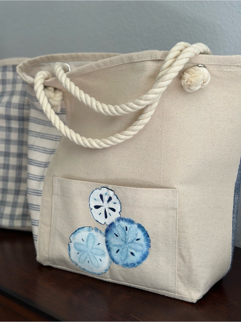 Coastal Canvas Tote with Blue Sand Dollar Motif